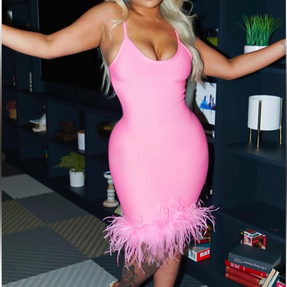 Pink Bandage Dress With Feathers at Bottom